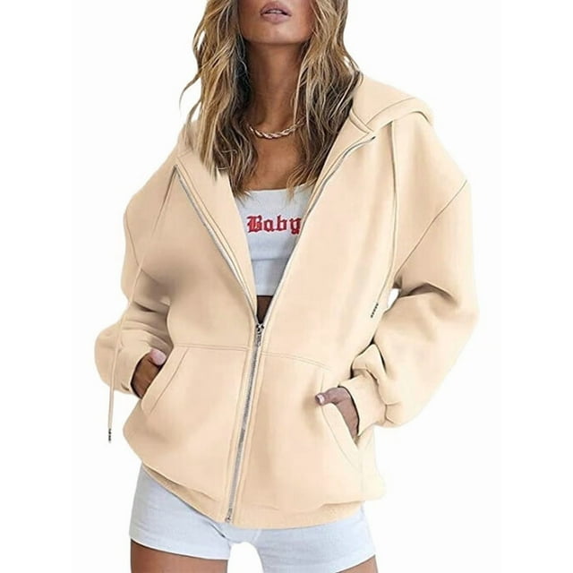 Sudaderas con Capucha y Cremallera para Mujer, Sudaderas Extragrandes, Conjuntos de Moda Escolar para Otoño, Chaquetas Informales, Ropa de Invierno Albaricoque M