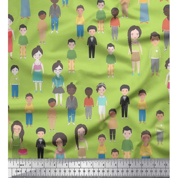 Soimoi Green Velvet Fabric Crowd Theme Human Figure Print Sewing Fabric Yard 58 Inch Wide
