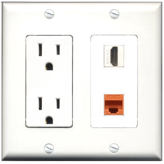 RiteAV - 15 Amp Power Outlet and 1 Port HDMI and 1 Port Cat5e Ethernet Orange Decorative Type Wall Plate White
