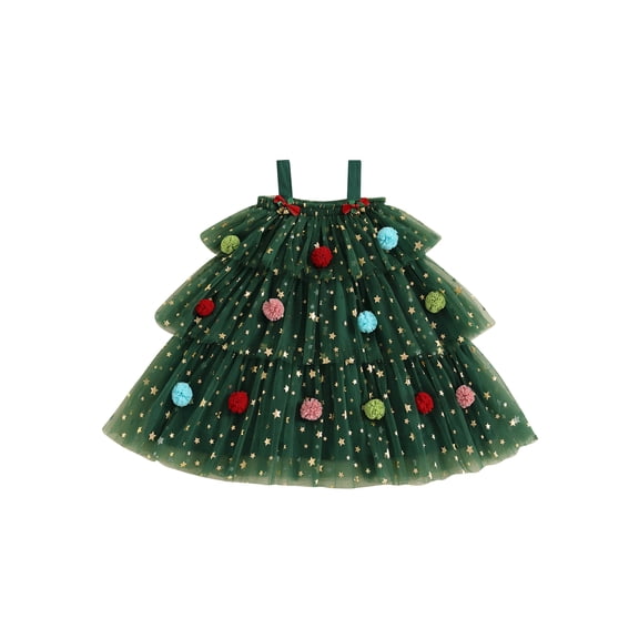 Jxzom Toddler Girl Christmas Dress Star Sequin Layered Tulle Tutu Dress Pompom Embroidery Cake Smash Gift 1-8T Christmas Clothes