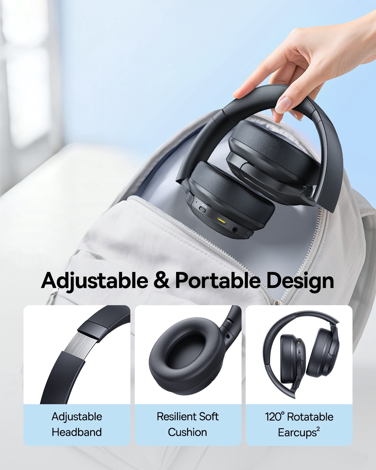 Baseus BH1 Headphones, Real-Time ANC, SuperBass 2.0, LDAC Hi-Res Sound, 80H Playtime, 5-Mic AI Clear Calls, Bluetooth 6.0 Headphones Over Ear, Black
