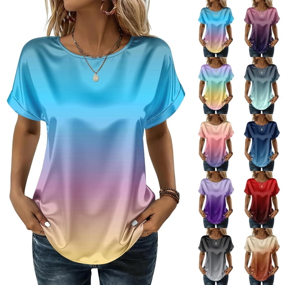 JoveMarine Women's Loose Fit Short Sleeve Top with Gradient Print Round Neck Casual Blouse Relaxed Summer Top for Daily Wear Blue L