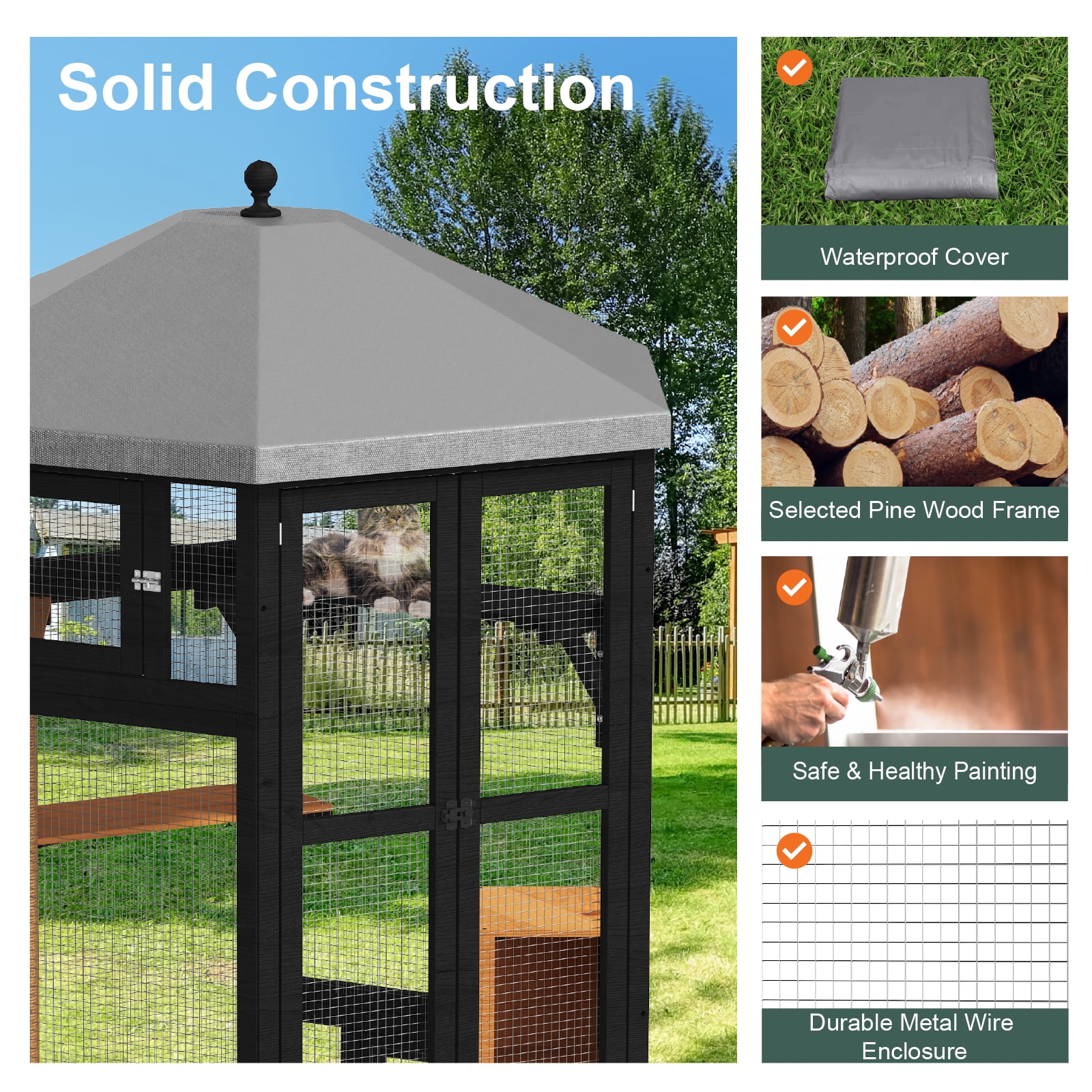 TIMHAKA 65" Catio Outdoor Cat Enclosure, Large Cat House w/ Waterproof Roof, Window Access, Multiple Platforms & Scratching Post for Multi-Cat Use, Black & Yellow