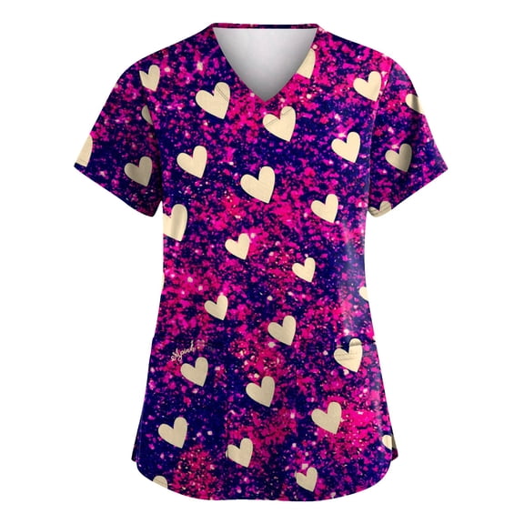 Nurse Valentines Day Shirt Ladies Pink Heart Printed Plus Size Scrubs for Women Short Sleeve V Neck Medical Tops