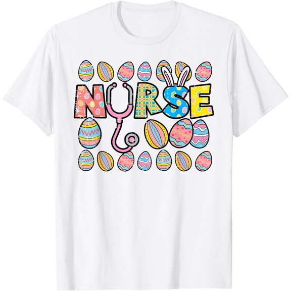 Easter Eggs Nurse Stethoscope Scrub Top Spring Squad Women T-Shirt