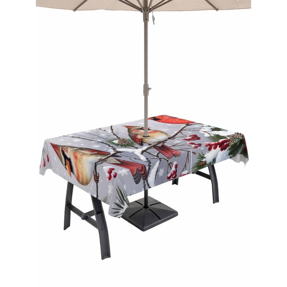 Outdoor Tablecloth with Umbrella Hole and Zipper, Christmas Cardinal Rectangle Table Cloth 60x120 Inch Waterproof Tablecloth, Winter Farmhouse Red Bird Berry Needle Picnic Table Cover for Patio