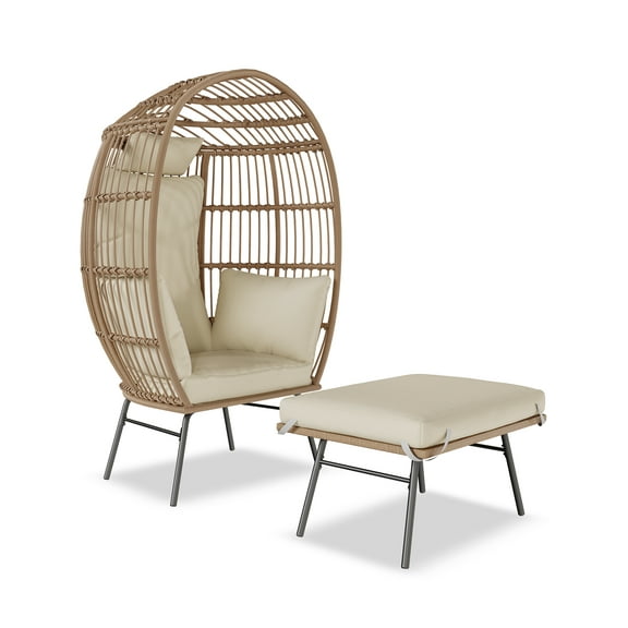 Indoor/Outdoor Oversized Wicker Egg Chair with Ottoman, Waterproof UV Resistant Patio Lounge Chair with Beige Cushions, Accent Furniture for Garden, Balcony, Living Room