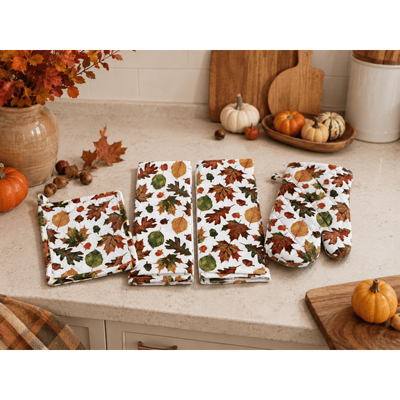 Serafina Home Farmhouse Fall Decor Kitchen Towels and Pot Holder Set: Natural Autumn Colored Falling Leaves and Acorns on Cotton Flat Weave