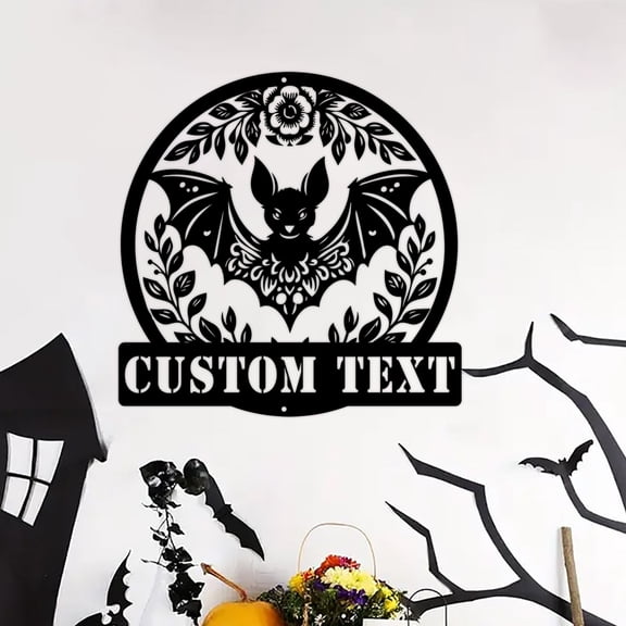 Custom Floral Bat Metal Wall Art, Personalized Bat Lover Name Sign Home Decor, Housewarming Gifts, Decoration Hanging For Home