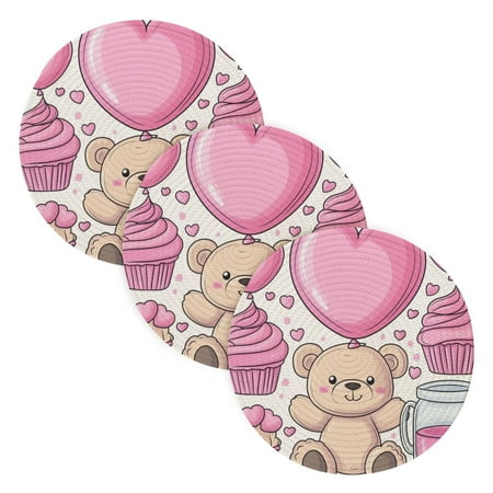 

Valentine s Day Cute Bears Coil Dish Mat Set 3 Pack 15 Round Heat-Resistant Durable Soft Polyester