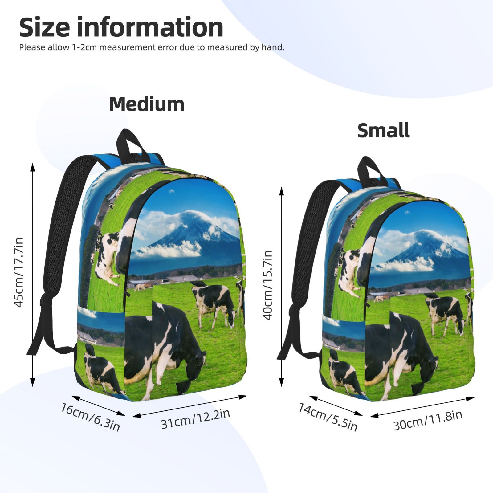 Vsdgher Grazing Cows Mountain View Print Canvas Backpack Travel Rucksack Unisex Knapsack 15.7/17.7Inch Laptop Backpack for Work,College -Medium