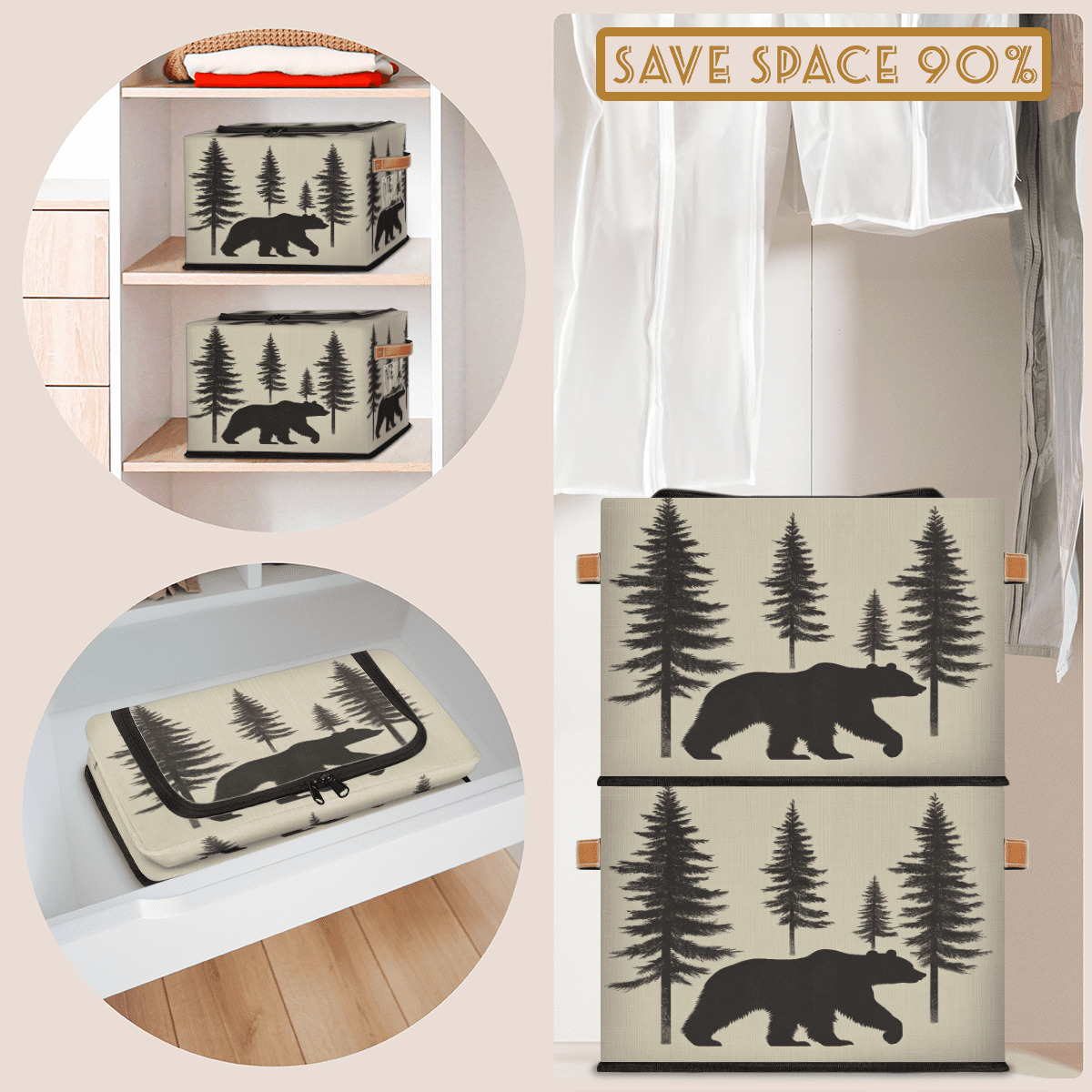 ADECORIVY Tree Bear Fabric Storage Bin with Lid, Decorative Closet Shelf Organizers, Animal Forest Bear Foldable Basket Box Clothes Storage Bin with Handles