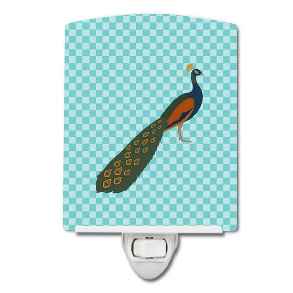 Caroline's Treasures BB8099CNL Indian Peacock Peafowl Blue Check Ceramic Night Light, 6x4x3", multicolor