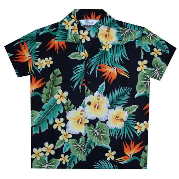 Hawaiian Shirts 46B Boys Flower Leaf Beach Aloha Holiday Casual Black S ...