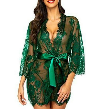 

KUNPENG Fashion Women Sexy Dressing Gown Babydoll Lace Lingerie Belt+G-string Bath Robe Valentine s Nightgown Pajamas Green / XXXL