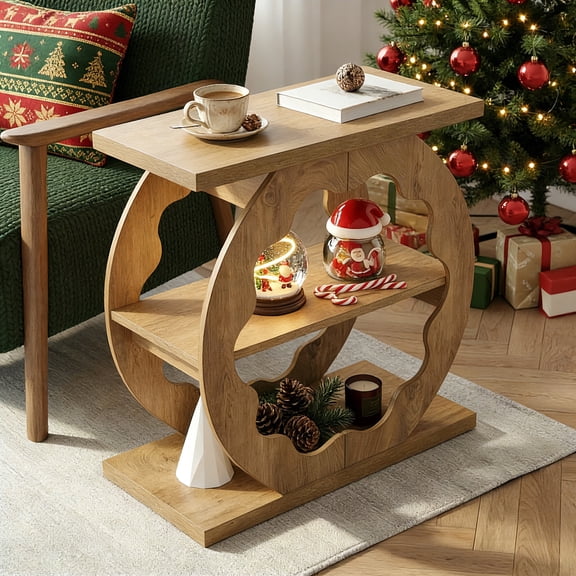 Finmind End Table for Living Room, 3-Tier Side Table with Storage, Wood Narrow Nightstand Couch End Tables for Small Spaces, Bedroom, Natural Oak