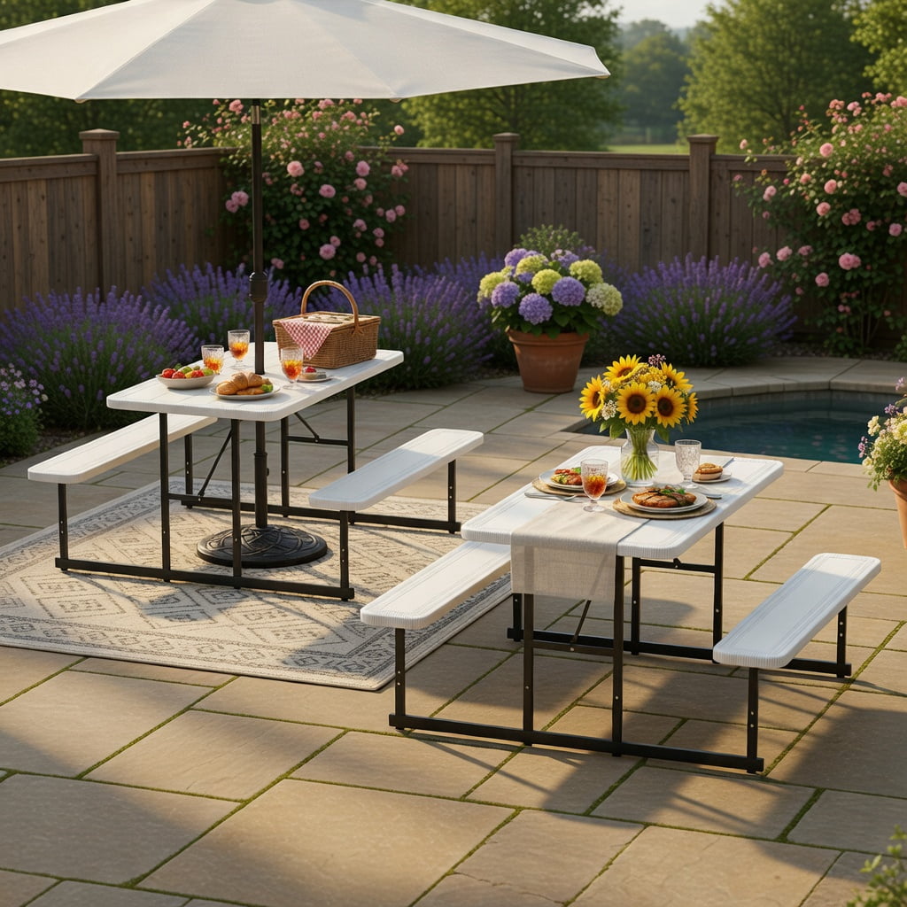 Hommoo Outdoor Picnic Table and Bench Set for 2-4 People, Rectangular HDPE Dining Table with Metal Frame, Weather-Resistant & Easy-Clean Design, White
