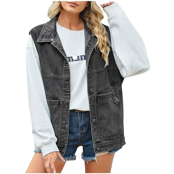 MuZeFu Women's Oversized Denim Vest Women's Oversized Denim Mid Long Jean Sleeveless Jackets Distressed Coat