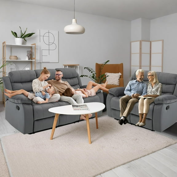 3 2 Seater Dark Grey Manual Reclining Sofa Set, Velvet Recliner Couch Combination with Side Pockets for Living Room, Home Theater, and Family Gatherings