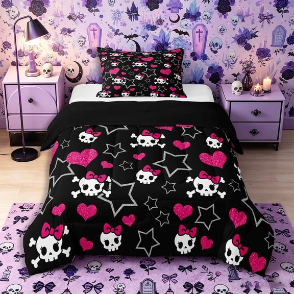 Castle Fairy Y2K Cute Skull Twin Comforter Sets 2pcs,Bow Skeleton Glitter Heart Star Bedding Set,Pink Black,1 Comforter and 1 Pillowcase,Black Reversible
