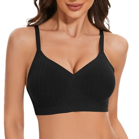 Wireless Push Up Bras for Women Comfortable Support Seamless Bra Ribbed V-Neck Bra Padded Bralette