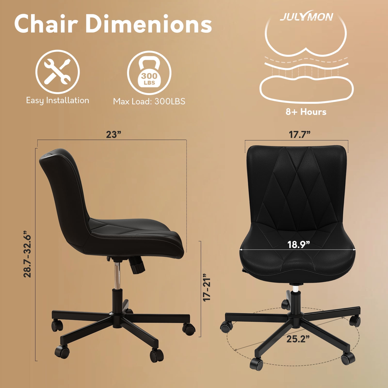 iooHug Armless Office Chair, PU Leather Small Computer Desk Chair with Wheels, Adjustable Swivel Vanity Chair with Memory Foam Cushion, No Arms Task Chair for Home Office, Bedroom, Black