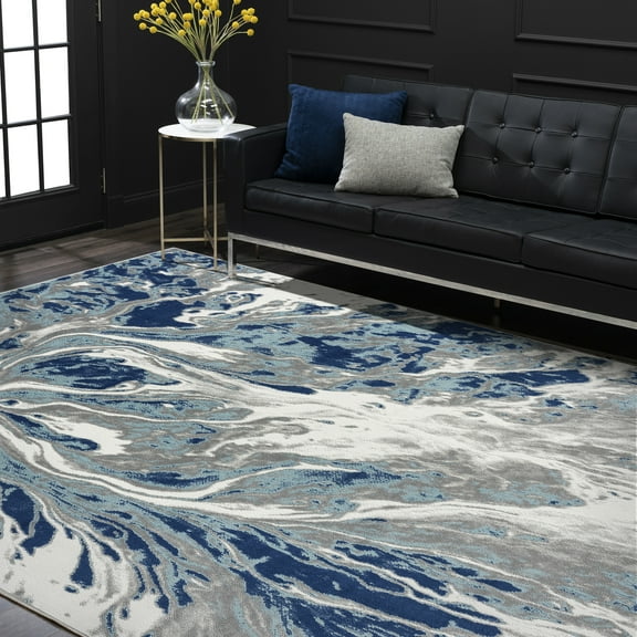 Bliss Rugs Modern Contemporary Abstract Area Rug, Indoor Rugs for Living Room, Dining Room, Bedroom | Blue/Gray, 5' x 8' (5'3''x7'3'')