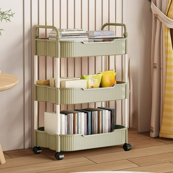 3 Tier Plastic Rolling Storage Cart with Armrests | Mobile Organizer Cart for Kitchen Bathroom Living Room | Slim Utility Shelf with Ventilated Shelves for Toiletries Snacks Books