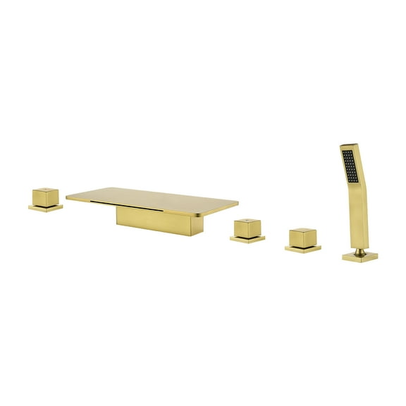 Cobbe 5-Hole Mount Brushed Gold Waterfall Bathroom Bathtub Faucet Set with 11.02-Inch Wide Bathtub Spout, Handheld Sprayer