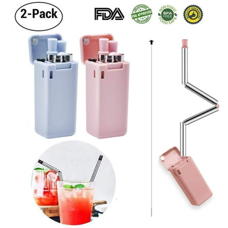 Amerteer 2 Pack Collapsible Straw Reusable Straws Folding Stainless Steel Drinking Straws- Premium Food-Grade Final Straws with keyhole and cleaning brush best gift for Party Travel