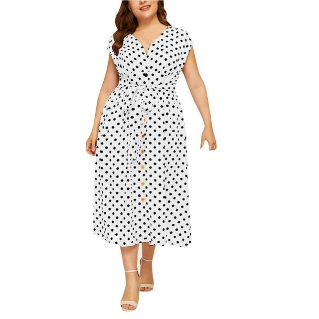 Babysbule Robe pour Femmes Liquidation Robe Décontractée pour Femmes Grande Taille Col en V Sans Manches à Pois Imprimée à Boutons avec Ceinture