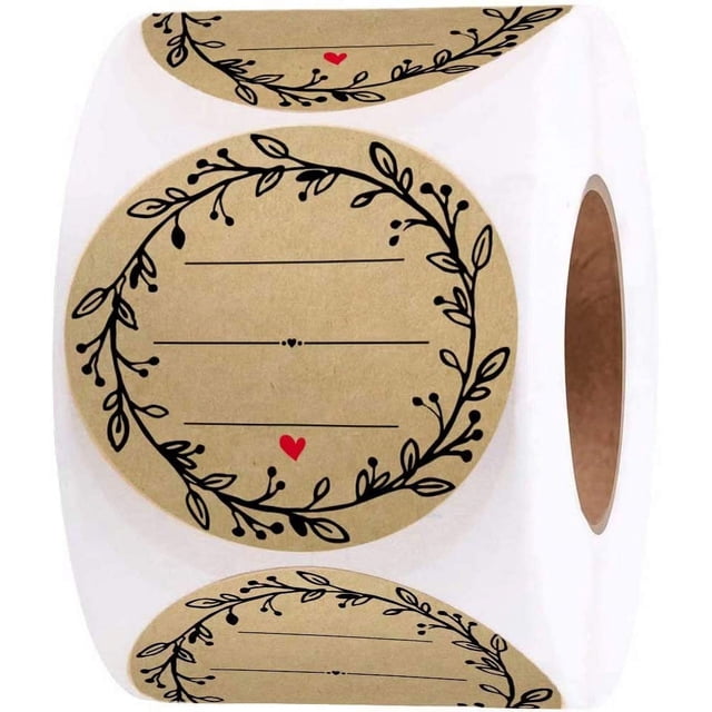 Pegatinas de corona escritas a mano de 3 líneas (rollo de 500) - Kraft marrón natural para etiquetar frascos y más