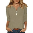 thumbnail image 1 of DENGDENG Womens Blouses 3/4 Sleeve Work Casual Summer V-Neck Basic Tees Button Down Elbow Sleeve Tops Boho Three Quarter Length Tunic Tops Petite Spring Shirts Khaki L, 1 of 5