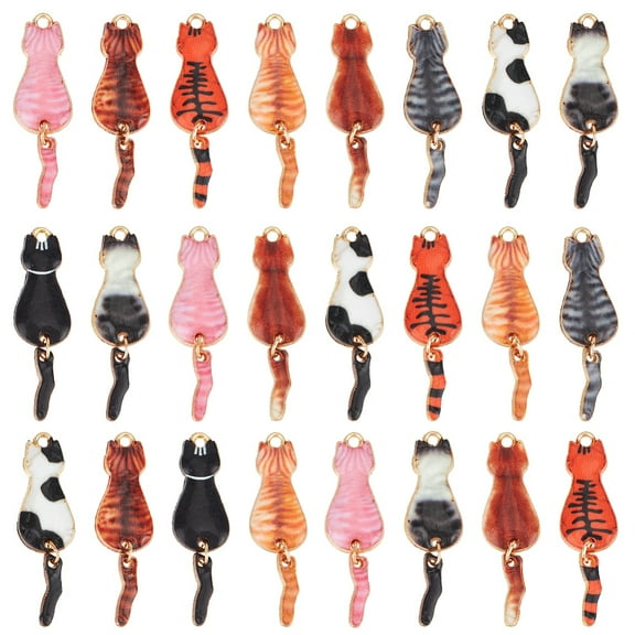 1Box 30Pcs Rack Plating Alloy Enamel Pendants Light Gold Cat Charm Mixed Color 34x10x2mm Hole: 1.5mm