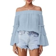 thumbnail image 5 of Tqcoqu Women's Off Shoulder Top,Ruffle Long Sleeve Chiffon Blouse,Casual Loose Trendy Shirts,Light Blue Women's S-XXL, 5 of 8
