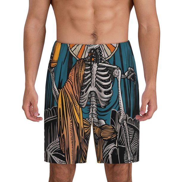 Fotbe Coffee-Drinking Skull Pantalones Cortos de Pijama para Hombre, Ropa de Dormir, Pantalones de Pijama Cortos para Hombre-Small