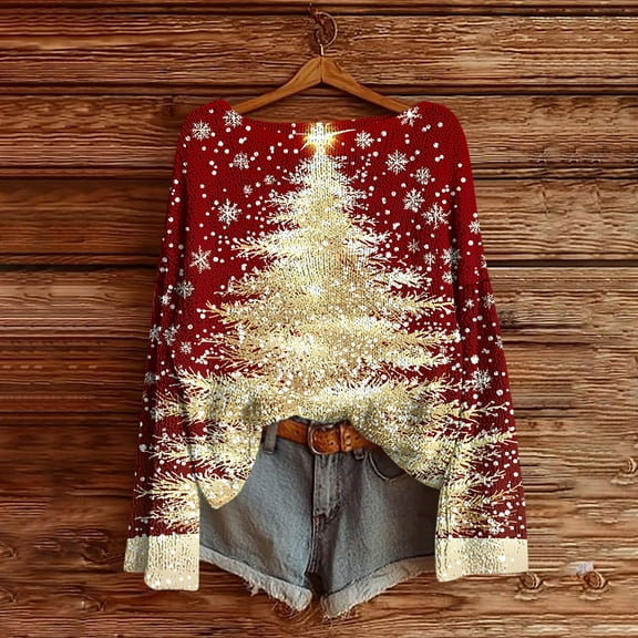 NSLGXD Sweaters for Women Trendy Xmas Tree Graphic Shirts Long Sleeve Crew Neck Knitted Pullover Fall Casual Loose Fit Tunic Tops