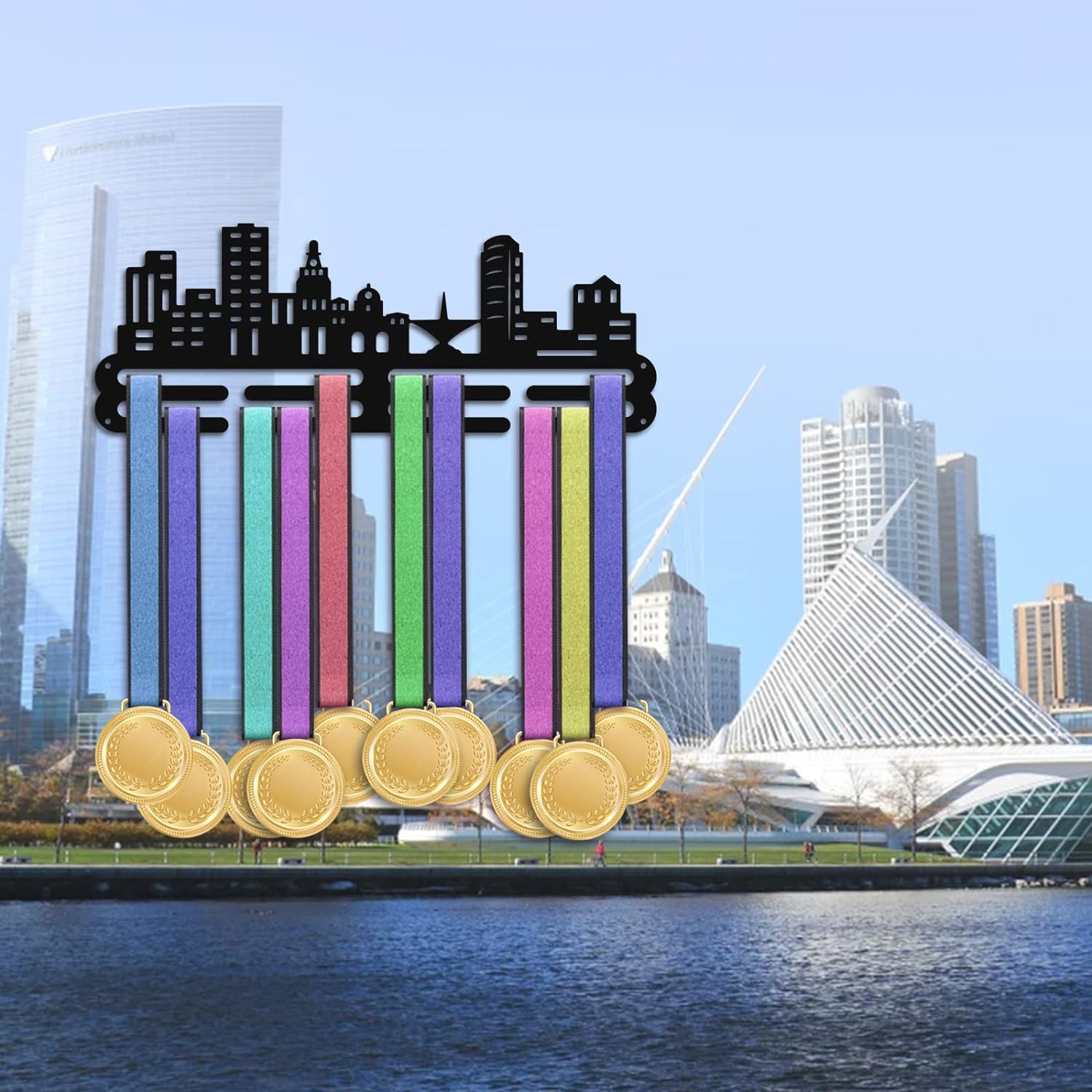 Medal Display Hanger Holder City Silhouette Medal Holder 15.7” Awards Ribbon Hanger Medal Display Wall Rack Sports Medal Hanger Display for Sports Marathon Athletes Awards Cheer DIYDIY