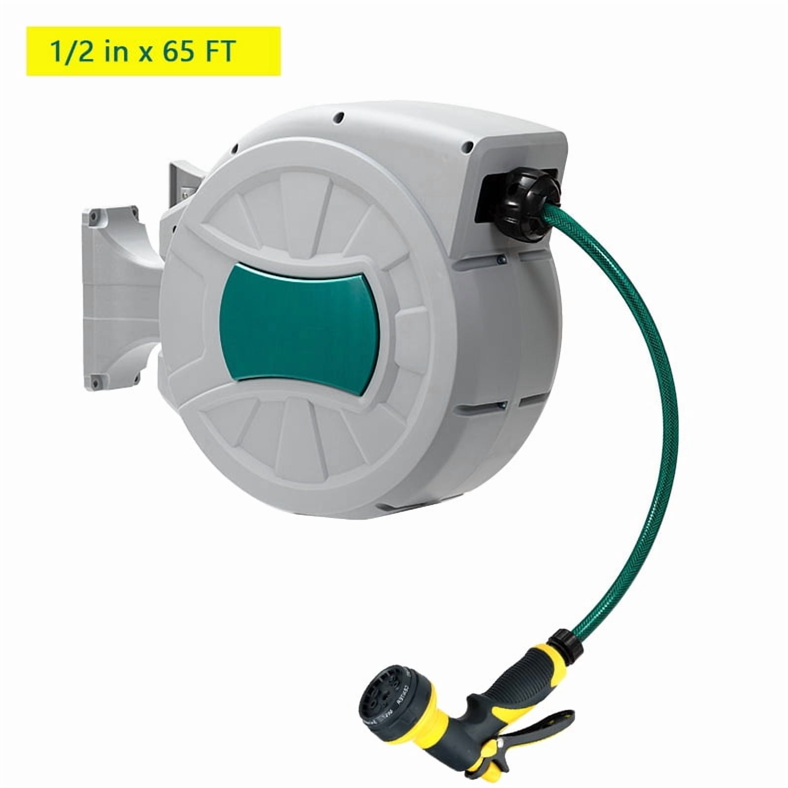 Retractable Hose Reel 50/65/82/100 ft x 1/2 inch, 180° Swivel Bracket Wall-Mounted, Garden Water Hose Reel with Nozzle, Automatic Rewind, Lock at Any Length, and Slow Return System