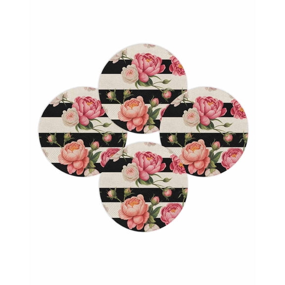 Round Placemats Set of 4 Pink Peony Rose Place Mats Washable Woven Placemat Floral Black Stripes Linen Circle Braided Table Mat for Kitchen Dining Table Party Home Decor 15 Inch