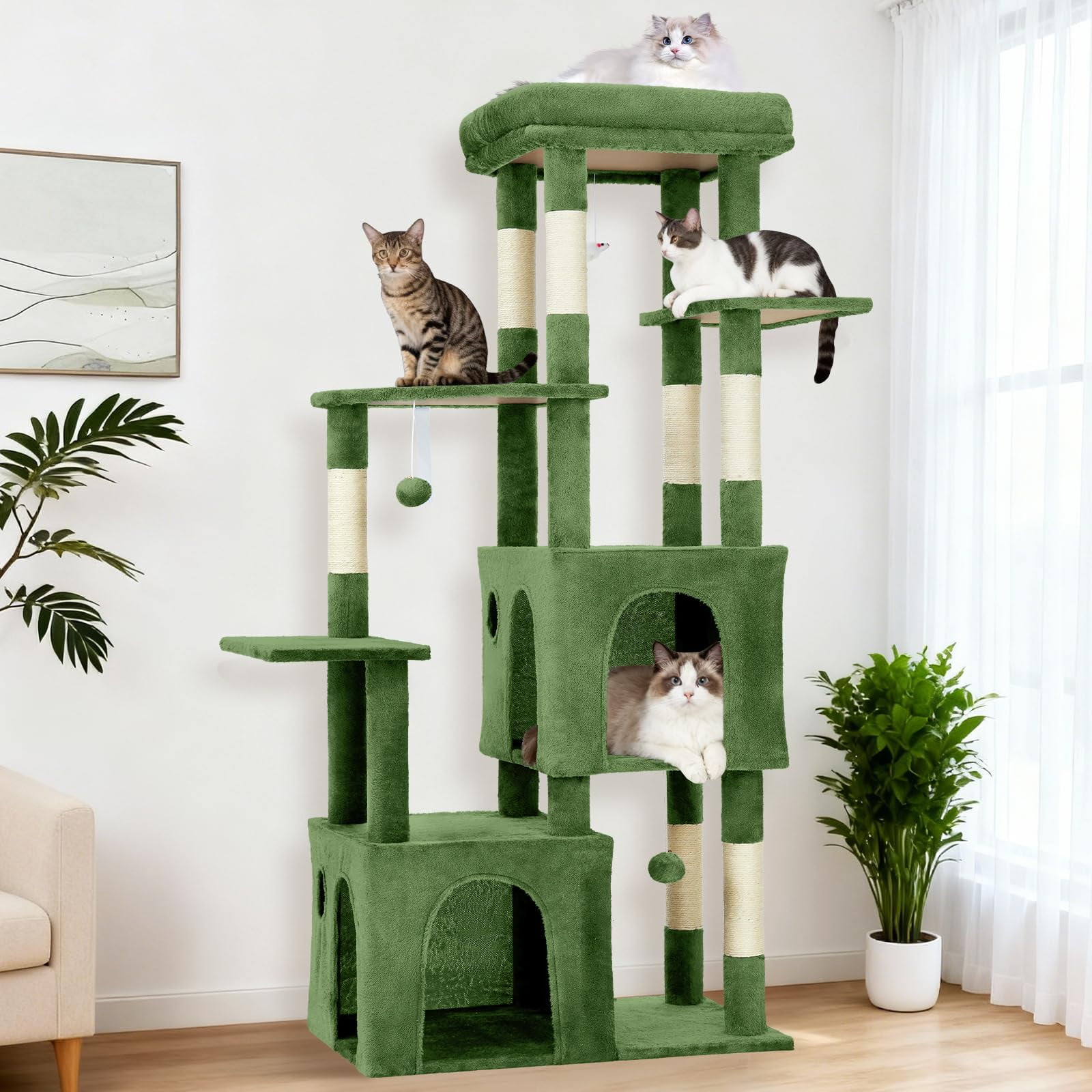 BouPower 61" Multi-Level Cat Tree Tower, Dark Grey Heavy-Duty Cat Condo with Oversized Perch, 2 Spacious Condos, Natural Sisal Scratching Posts and Play Toys for Large Adult & Maine Coon Cats