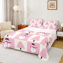 Manfei Snowman Plaid Full Size Sheets 4pcs for Girls, Pink Christmas Tree Bed Sheets, Merry Xmas Sheet Sets, Lightweight Room Decor