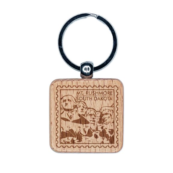 Mount Rushmore South Dakota Travel Square Keychain Charm Tag - Engraved Wood