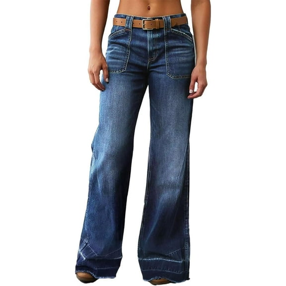 Mid Rise Wide Leg Jeans Baggy Straight Fit Denim Pants with Pockets Without Belt