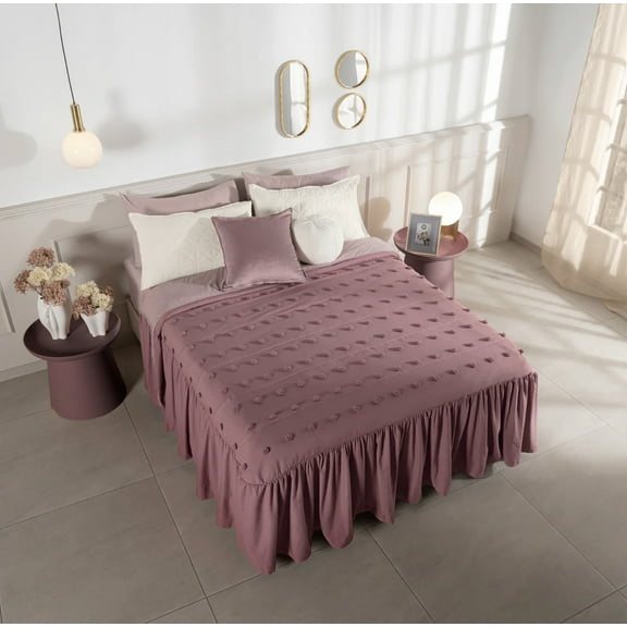 PADUA POMPOMS SOFT TEXTURE REVERSIBLE BEDSPREAD WITH ATTACHED RUFFLE 1 PCS QUEEN SIZE MADE IN MEXICO