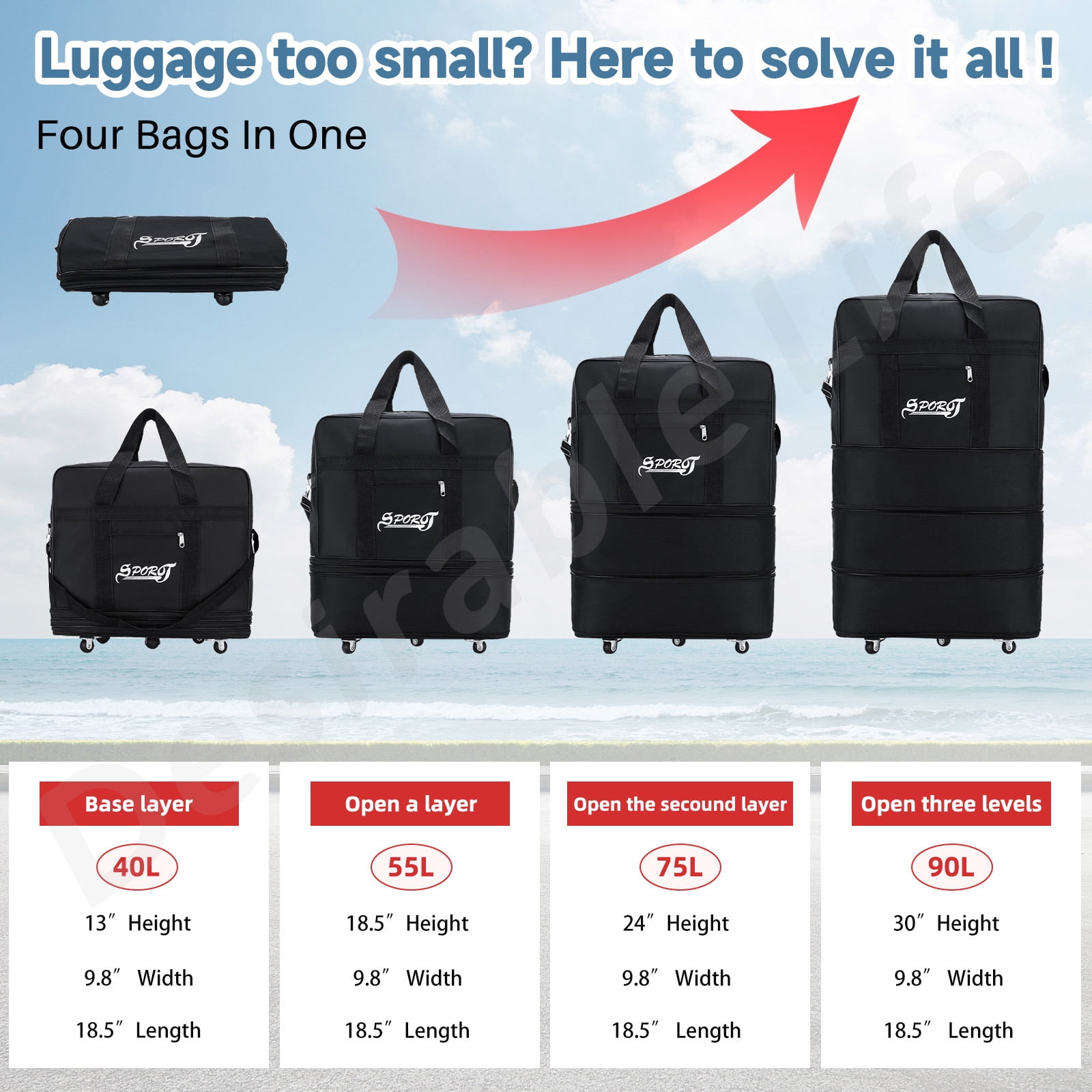 Desirable Life 32in 3 Layer Expandable Suitcase Bag Collapsible Rolling Wheeled Duffle Bag Large for Home Storage Cargo Travel Business Moving Luggage
