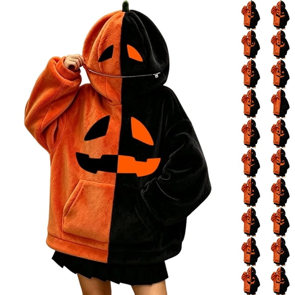 FUZHIQ Mens Womens Halloween Pumpkin Blanket Hoodie Oversized Sweatshirt with Face Mask Jack O Lantern for Cosplay Holiday Party, S-XXXL