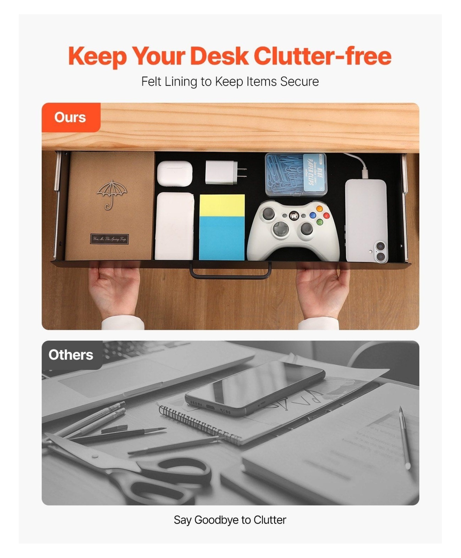 Under Desk Drawer Organizer - 22 inch Slide Out Storage, Home Office Drawer, 11lbs Capacity, Metal Desk Organizer with Cable Management