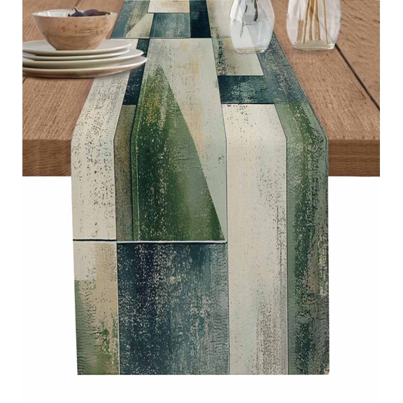 Sage Green Geometric Table Runner 48 Inches, Vintage Teal Modern Abstract Art Bed Runner Dresser Scarves Tabletop for Indoor Outdoor Parties/Ceremony/Banquet, 13" x 48"