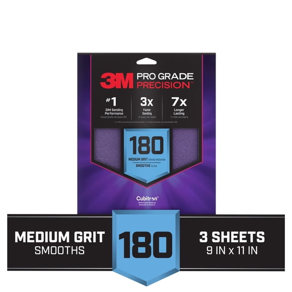 3M Pro Grade Precision Sandpaper, 180 Grit, No-Slip Grip Backing, 9 in. x 11 in., 3 Sheets